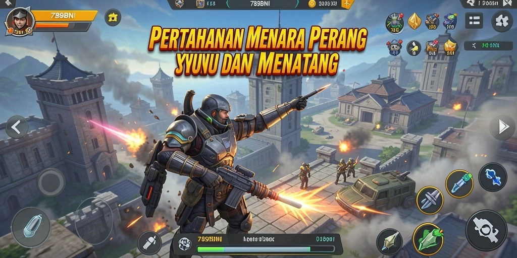 Screenshot gameplay 789BNI menunjukkan aksi menara dalam pertahanan.
