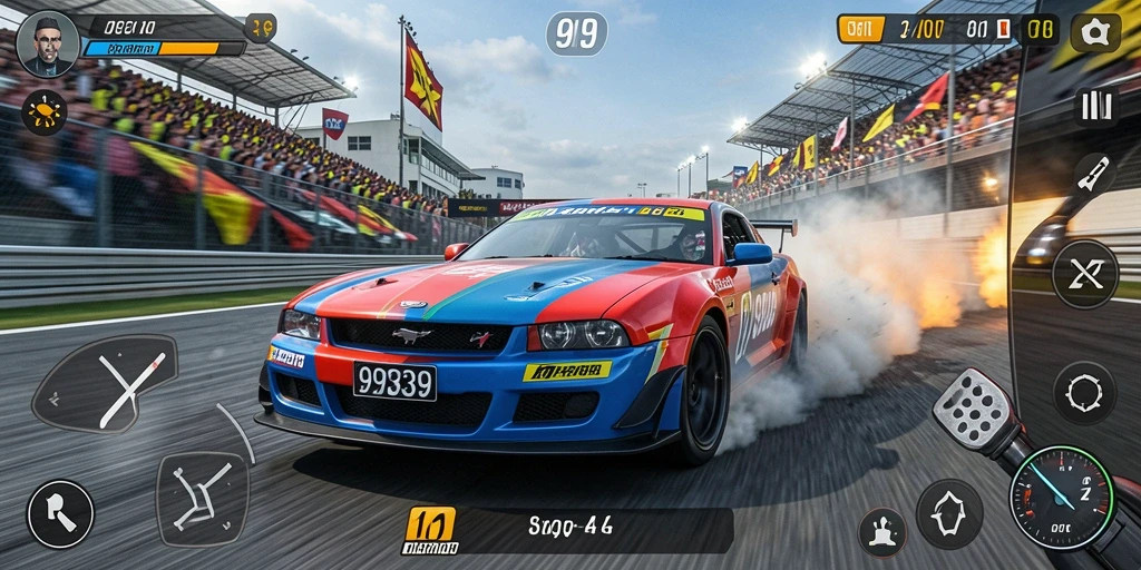 Gameplay Racing yang mendebarkan dengan berbagai mobil dan lintasan.