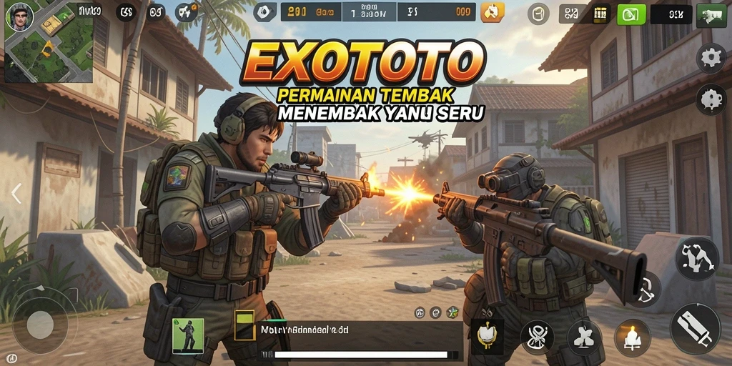 Screenshot gameplay EXOTOTO menampilkan aksi tembak-menembak yang intens.