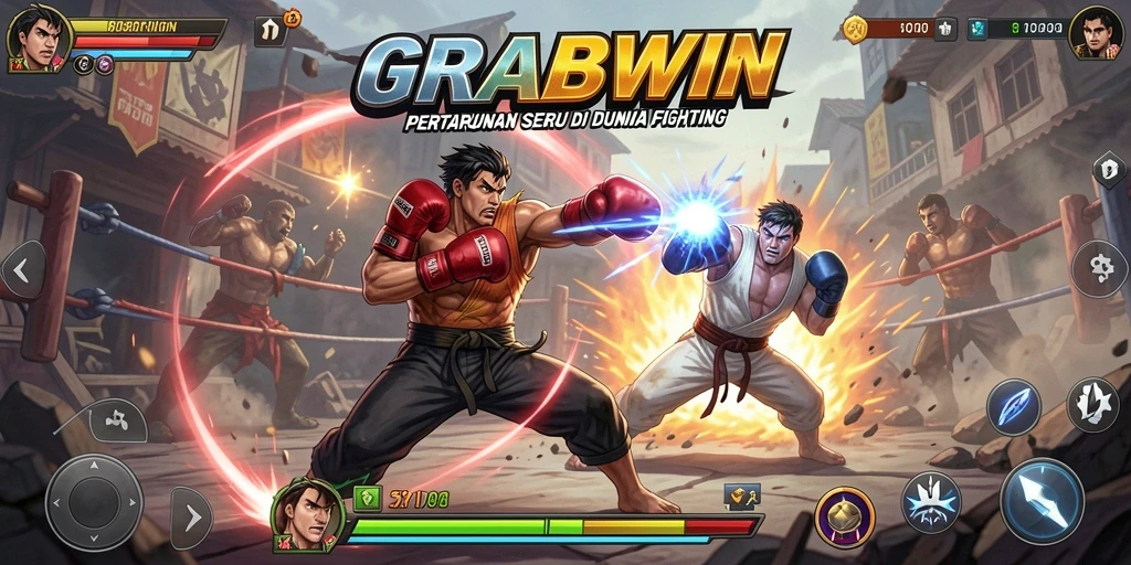 Tampilan gameplay GRABWIN menunjukkan pertarungan epik antara karakter yang berbeda.