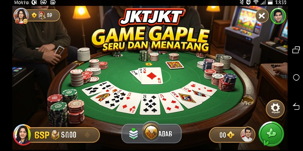 Tampilan gameplay seru JKTJKT dengan suasana bermain Gaple yang menarik.
