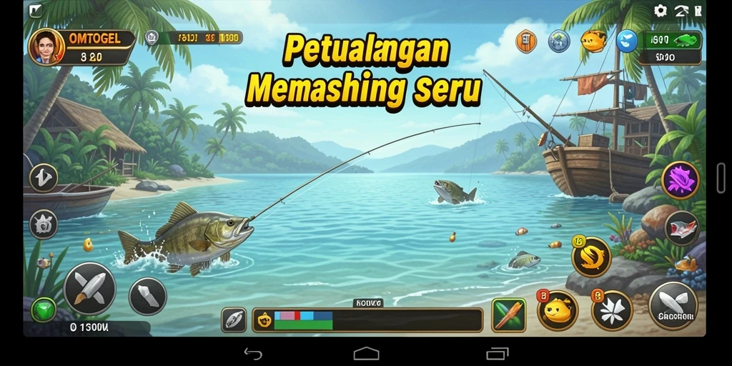 Tampilan gameplay seru dari OMTOGEL dengan berbagai ikan yang menunggu untuk ditangkap.