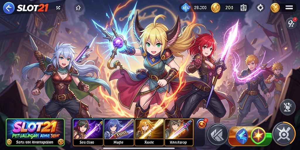 Tangkapan layar gameplay SLOT21 yang menampilkan karakter anime dan putaran slot.